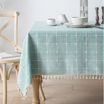 Textured Jacquard Checkered Tablecloth with Tassels | Cotton-Linen Winter Table Cover