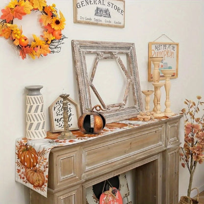 Autumn Polka Dot Pumpkin Table Runner – Fall Harvest Table Decor with Pumpkins & Leaves