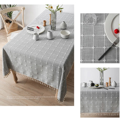 Textured Jacquard Checkered Tablecloth with Tassels | Cotton-Linen Winter Table Cover