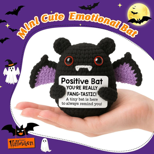 Handmade Knitted Bat Doll with Positive Message Card – Cute Halloween Egg Bat Ornament for Home, Room, or Party Décor & Gifts