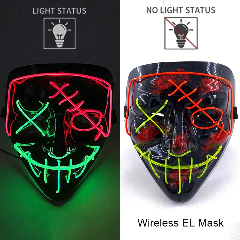 Wireless Neon LED Purge Mask – Glow-in-the-Dark Halloween Cosplay, Masquerade & Party Dress-Up Mask