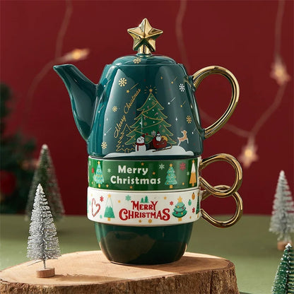 Christmas Ceramic Teapot & Teacup Set – Santa Claus or Elk Design with Gift Box