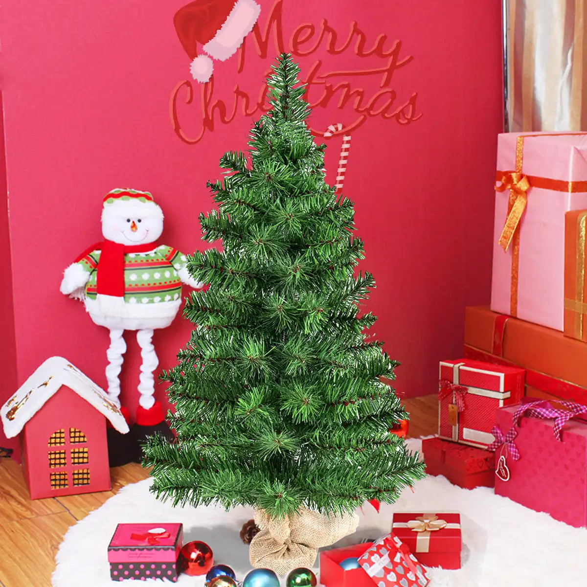 90 cm Mini Artificial Christmas Tree with Burlap Base – Table top Green Xmas Tree for Home, Office, or Festive Displays