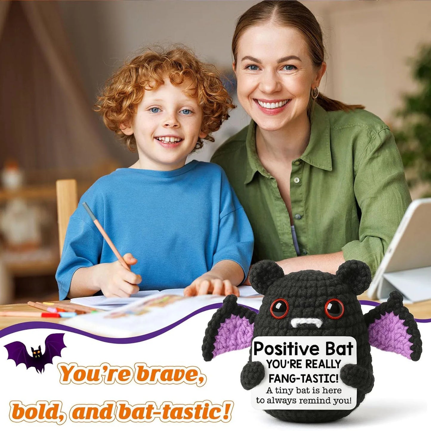 Handmade Knitted Bat Doll with Positive Message Card – Cute Halloween Egg Bat Ornament for Home, Room, or Party Décor & Gifts