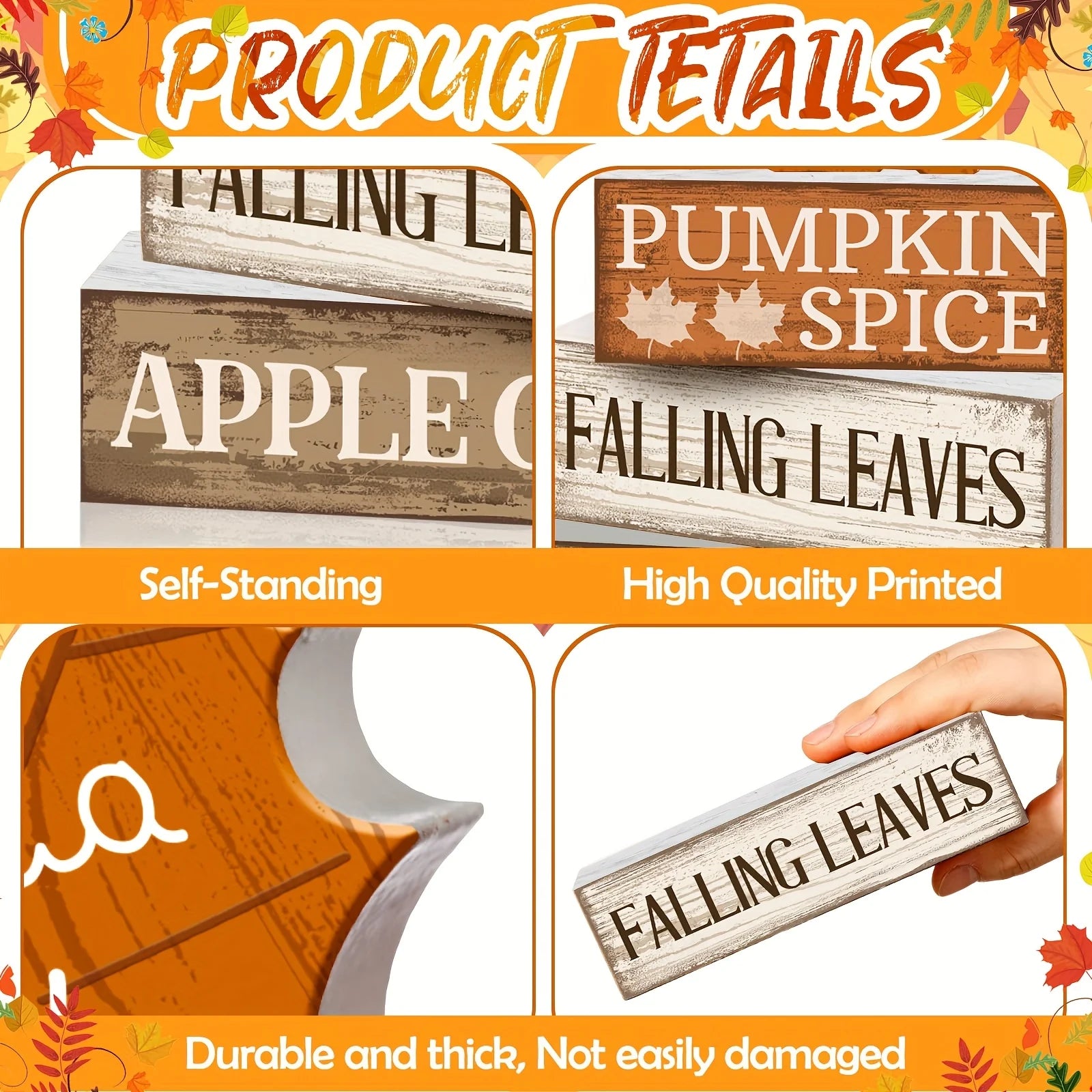 4Pcs Wooden Fall Tabletop Décor – Rustic Maple Leaf Tiered Tray Signs, Farmhouse Autumn Centrepiece Blocks