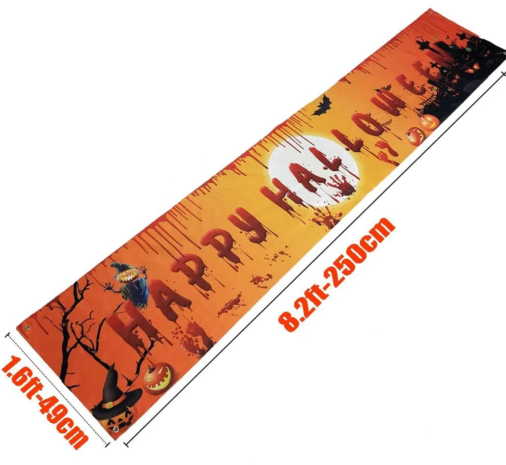 Happy Halloween Banner – 250cm Hanging Halloween Sign with Pumpkin & Bloody Handprint Design | Indoor & Outdoor Yard Party Decoration
