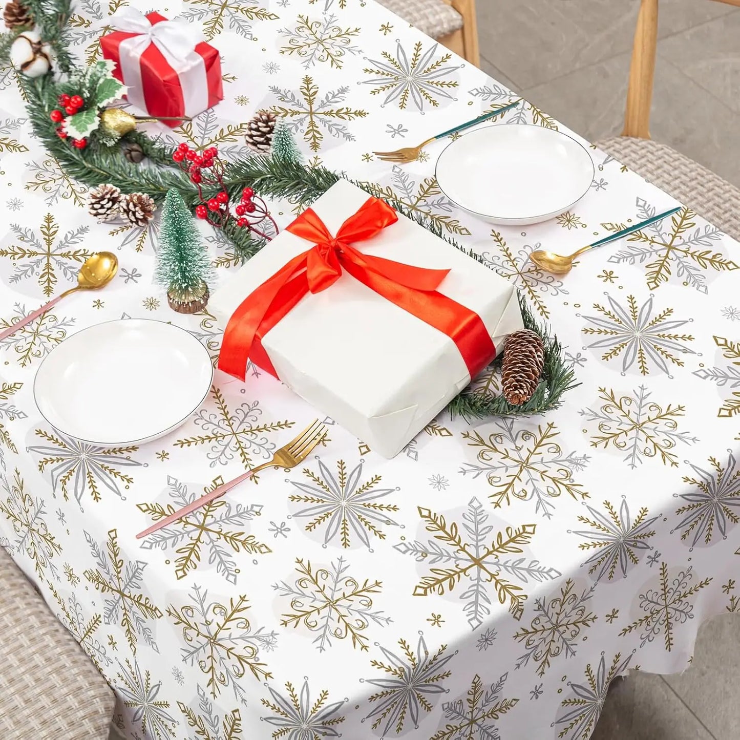Gold & Silver Snowflake Waterproof Christmas Tablecloth | Elegant Reusable Winter Dining Room Décor