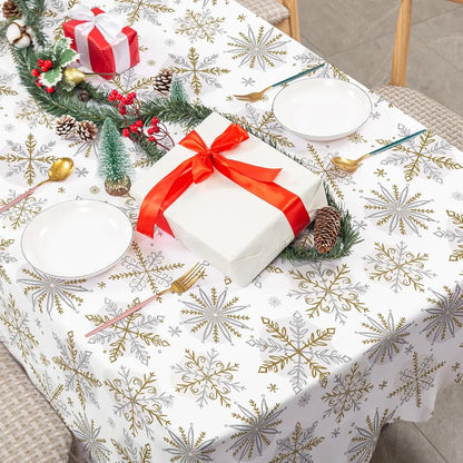 Gold & Silver Snowflake Waterproof Christmas Tablecloth | Elegant Reusable Winter Dining Room Décor