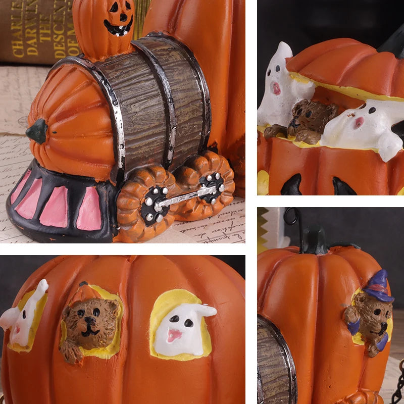 Halloween Ghost Pumpkin Car Sculpture – Creative Resin Decoration for Home, Table, and Festival Display