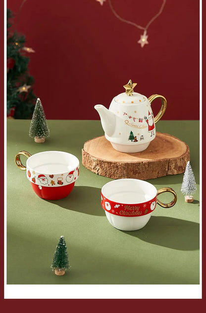 Christmas Ceramic Teapot & Teacup Set – Santa Claus or Elk Design with Gift Box