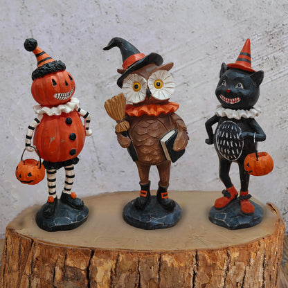 Halloween Pumpkin Puppet Decoration – Resin Owl & Black Cat Statue for Indoor & Outdoor Halloween, Garden & Home Décor
