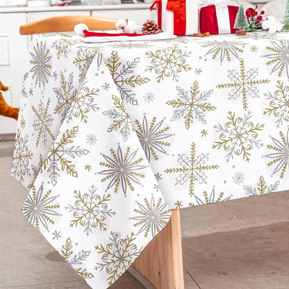 Gold & Silver Snowflake Waterproof Christmas Tablecloth | Elegant Reusable Winter Dining Room Décor