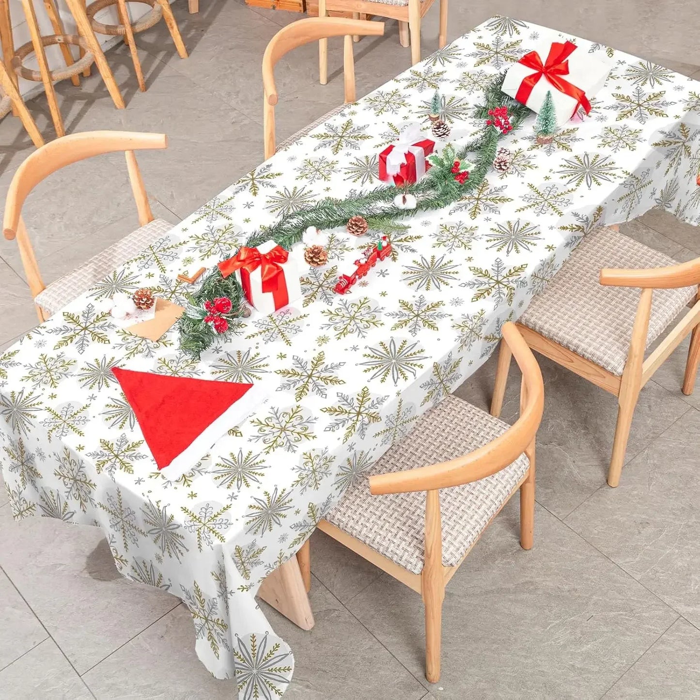 Gold & Silver Snowflake Waterproof Christmas Tablecloth | Elegant Reusable Winter Dining Room Décor