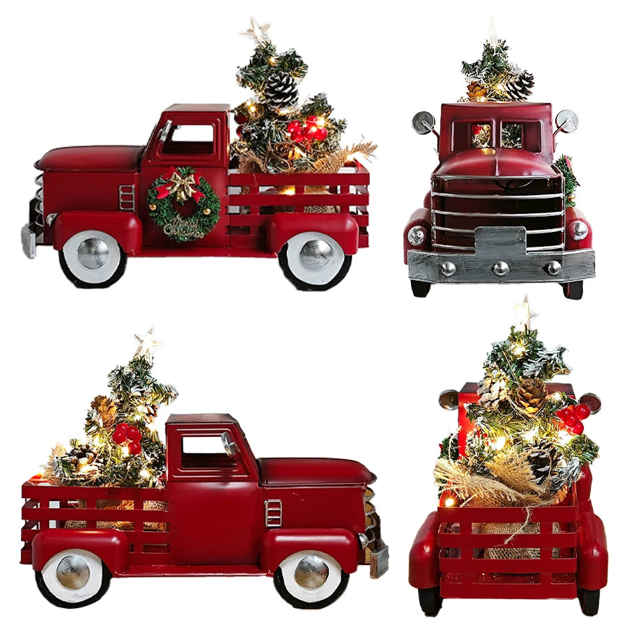 Red Christmas Truck with Tree & Warm White Twinkling Lights – Festive Farmhouse Holiday Decoration