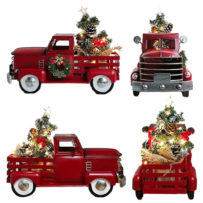 Red Christmas Truck with Tree & Warm White Twinkling Lights – Festive Farmhouse Holiday Decoration