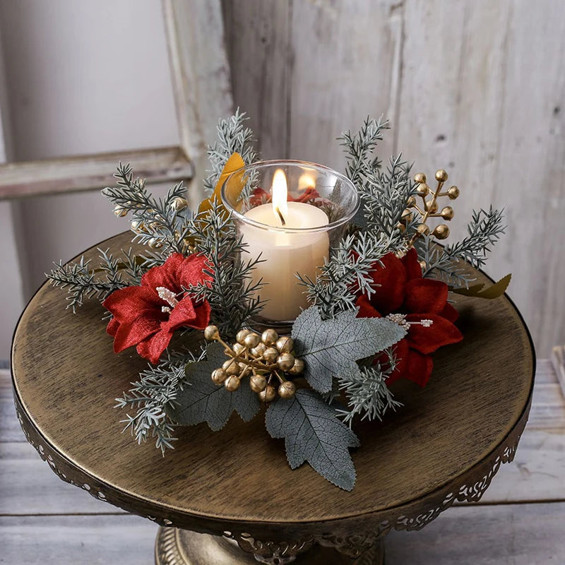 Christmas Candle Ring Wreath | Artificial Flower & Greenery Candle Holder Garland for Festive Table Décor