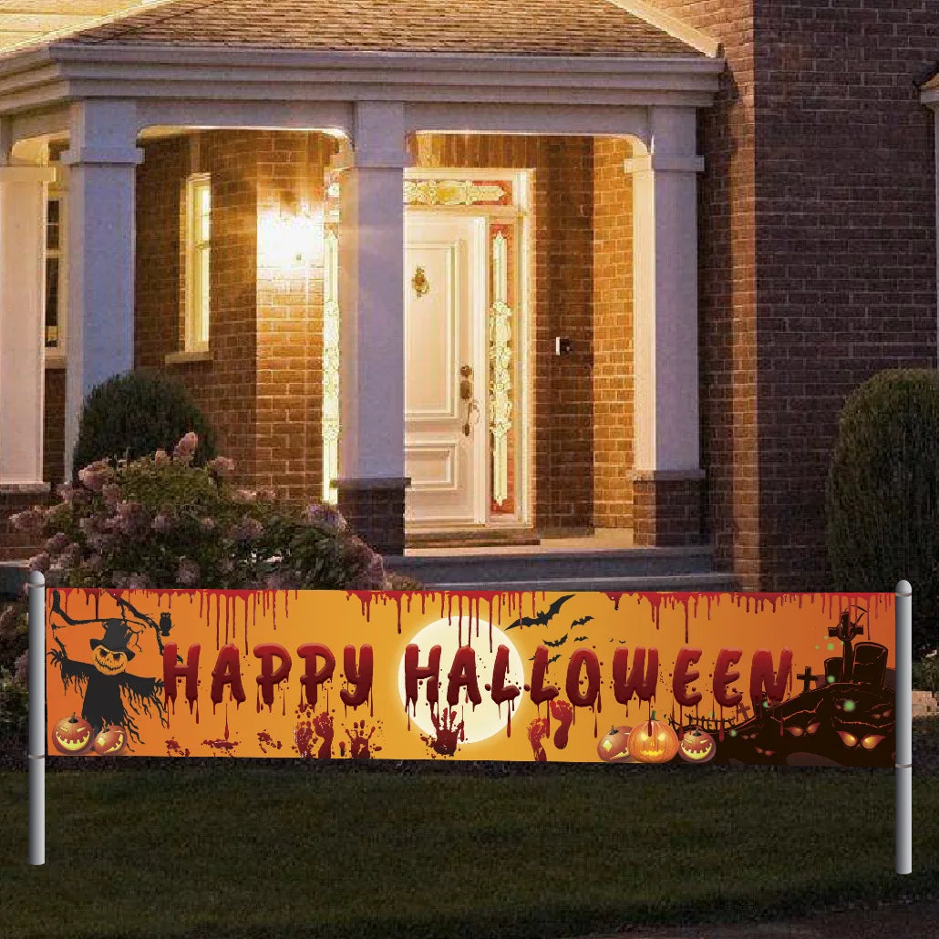 Happy Halloween Banner – 250cm Hanging Halloween Sign with Pumpkin & Bloody Handprint Design | Indoor & Outdoor Yard Party Decoration