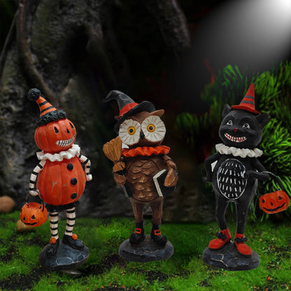 Halloween Pumpkin Puppet Decoration – Resin Owl & Black Cat Statue for Indoor & Outdoor Halloween, Garden & Home Décor