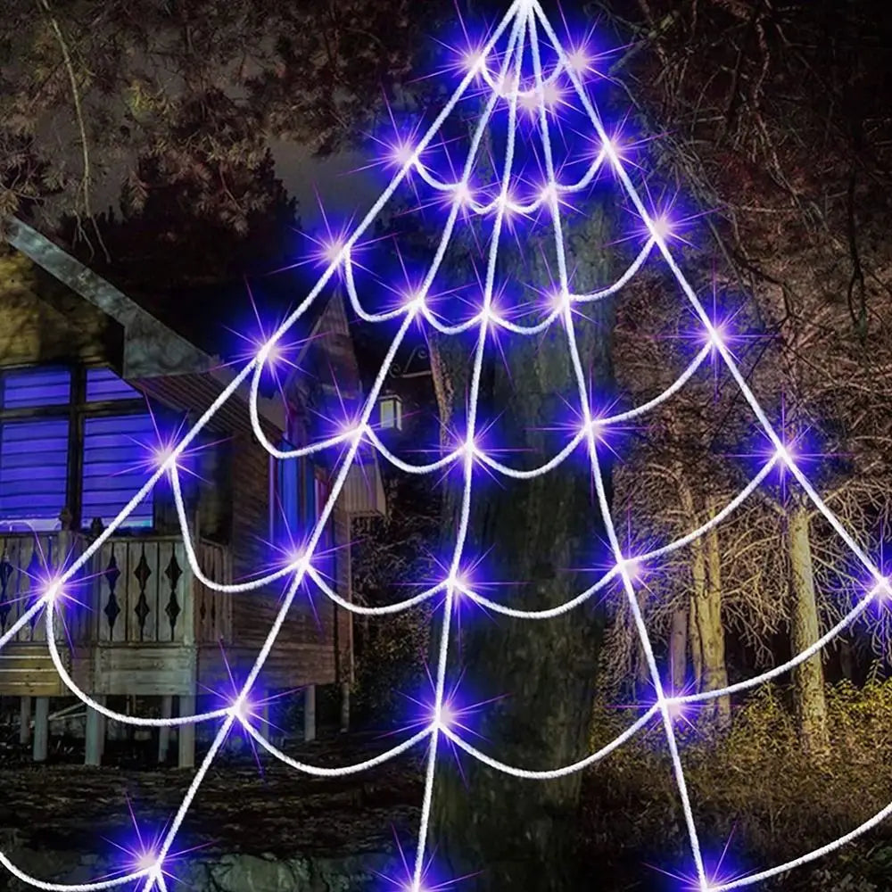 Halloween Spider Web Lights – 8 Modes Waterproof LED Spider Net | Triangle Hanging Glow Web with Giant Spider for Outdoor & Party Decoration