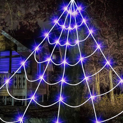 Halloween Spider Web Lights – 8 Modes Waterproof LED Spider Net | Triangle Hanging Glow Web with Giant Spider for Outdoor & Party Decoration