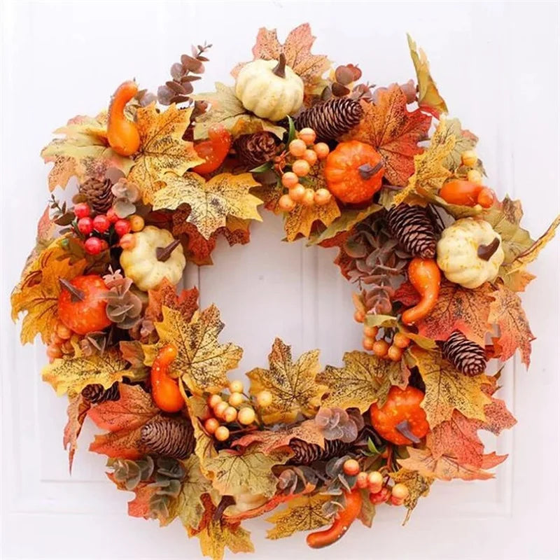 45cm Autumn Harvest Wreath – Artificial Pumpkin, Berry & Maple Leaf Front Door Decoration for Autumn/Fall & Halloween