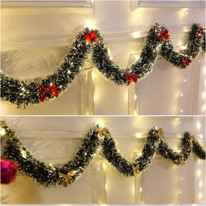 2m Green Christmas Garland with Red Ribbons | Customisable Festive Decoration for Doorways, Mantels & Stairs