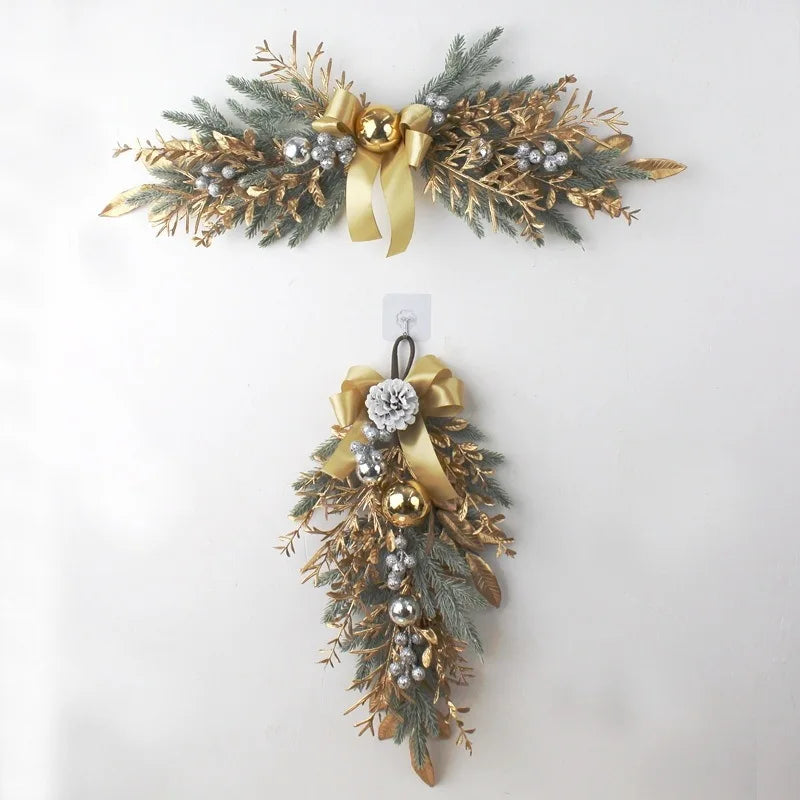Golden Christmas Wreath for Front Door | Artificial Pinecone & Rattan Garland with Festive Flowers