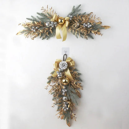 Golden Christmas Wreath for Front Door | Artificial Pinecone & Rattan Garland with Festive Flowers