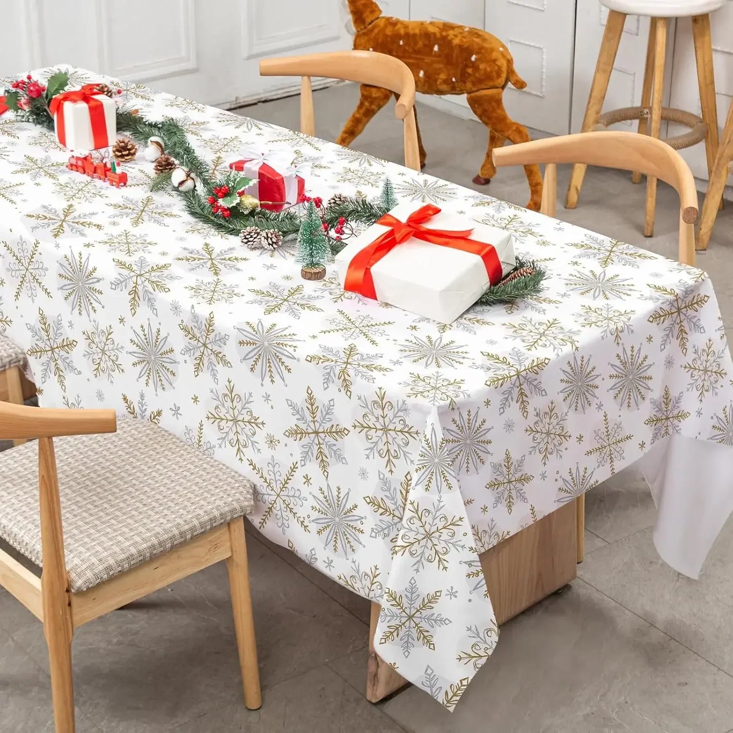 Gold & Silver Snowflake Waterproof Christmas Tablecloth | Elegant Reusable Winter Dining Room Décor
