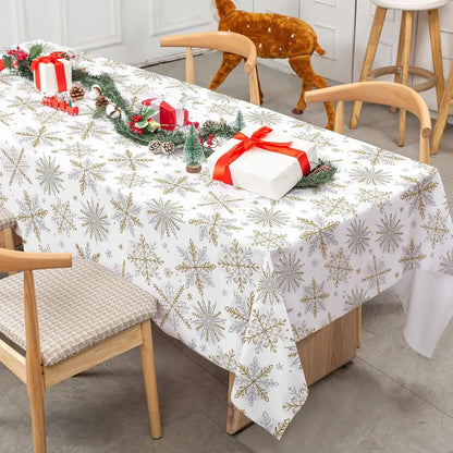 Gold & Silver Snowflake Waterproof Christmas Tablecloth | Elegant Reusable Winter Dining Room Décor