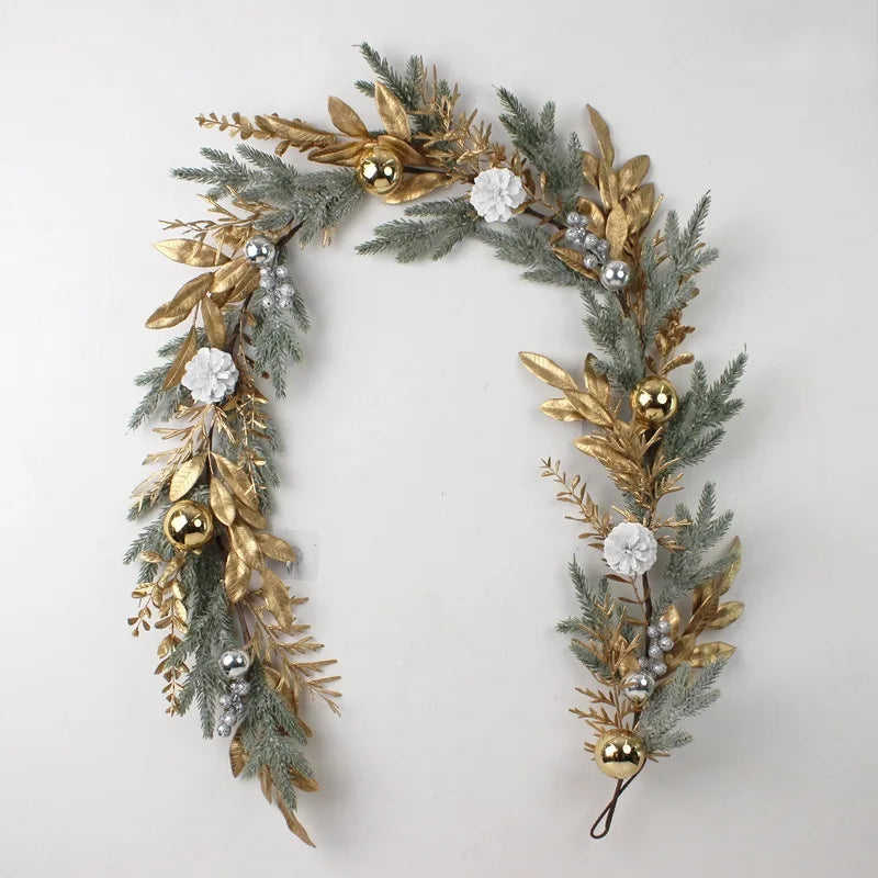 Golden Christmas Wreath for Front Door | Artificial Pinecone & Rattan Garland with Festive Flowers