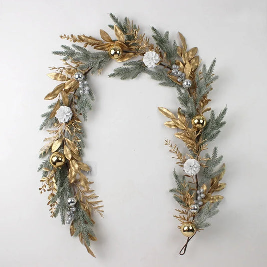 Golden Christmas Wreath for Front Door | Artificial Pinecone & Rattan Garland with Festive Flowers