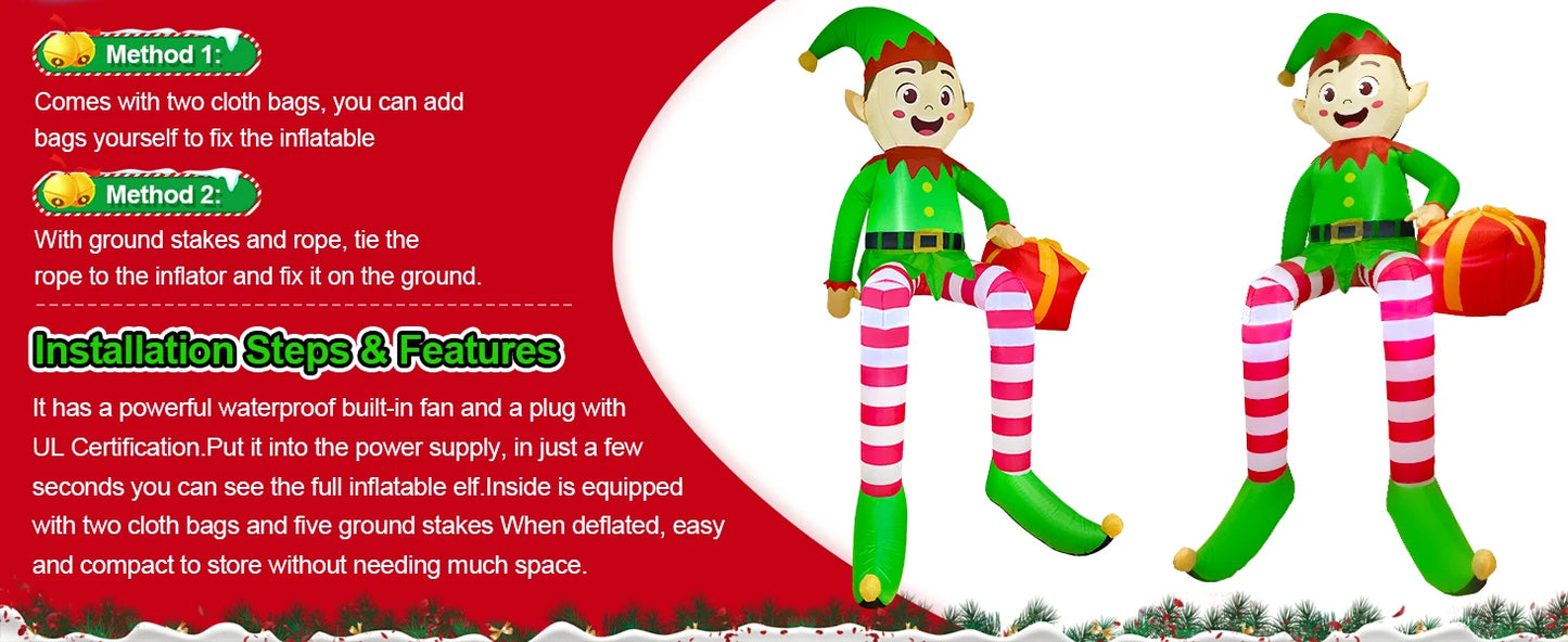 8ft Sitting Elf Christmas Inflatable with LED Lights | Festive Outdoor Decoration