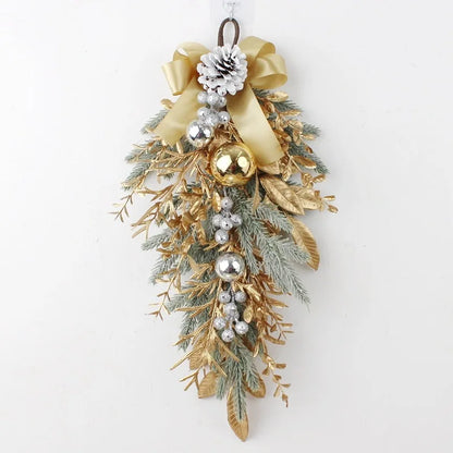 Golden Christmas Wreath for Front Door | Artificial Pinecone & Rattan Garland with Festive Flowers