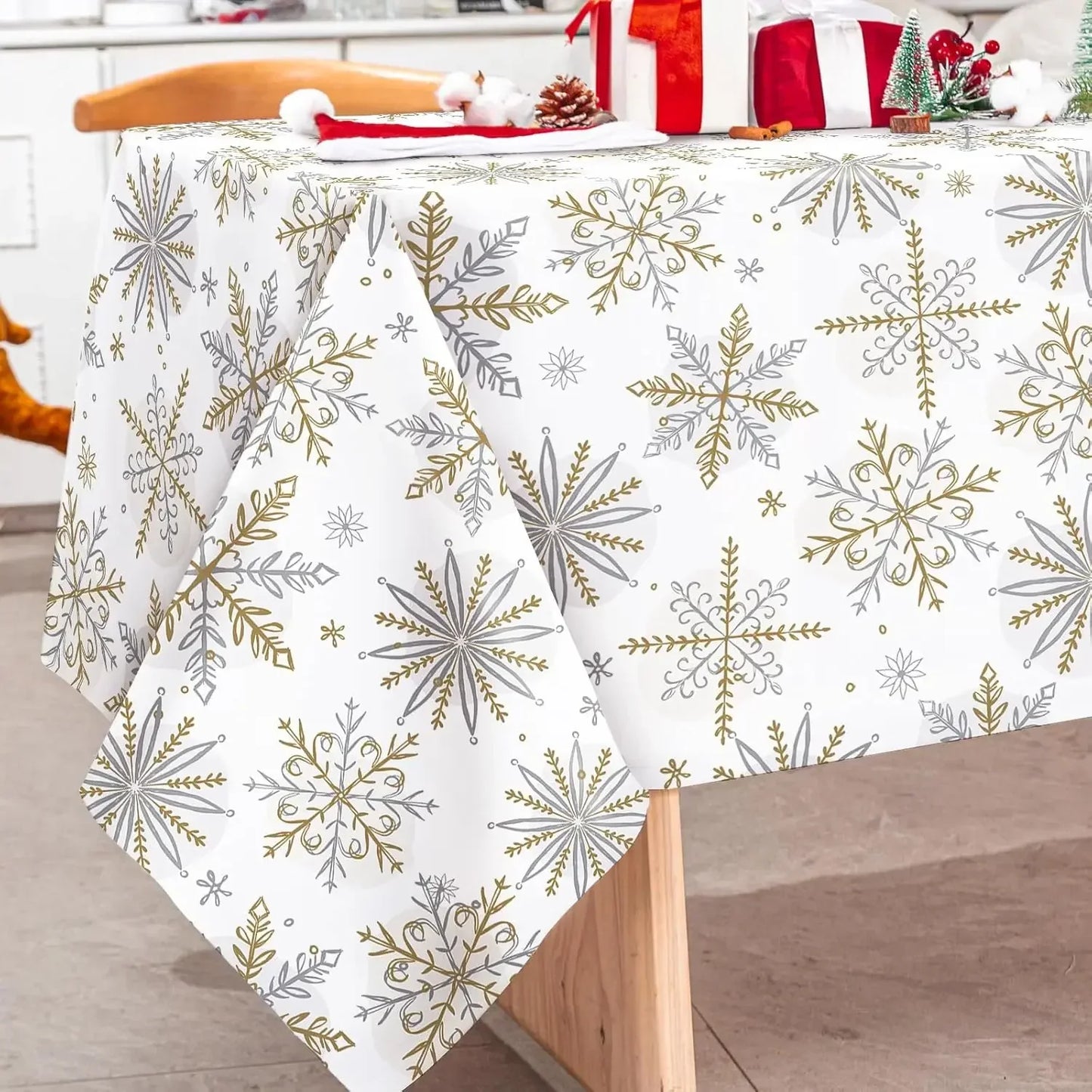 Gold & Silver Snowflake Waterproof Christmas Tablecloth | Elegant Reusable Winter Dining Room Décor