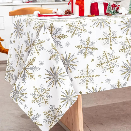 Gold & Silver Snowflake Waterproof Christmas Tablecloth | Elegant Reusable Winter Dining Room Décor