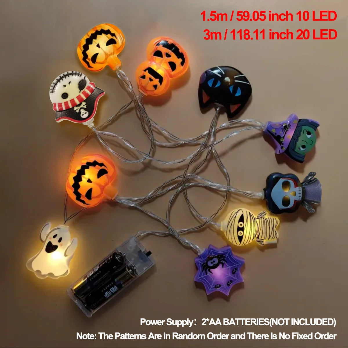 Halloween LED String Lights – 10/20 Battery-Powered Lights with Ghost, Pumpkin, Spider Web, Skeleton & Witch Designs for Indoor Décor