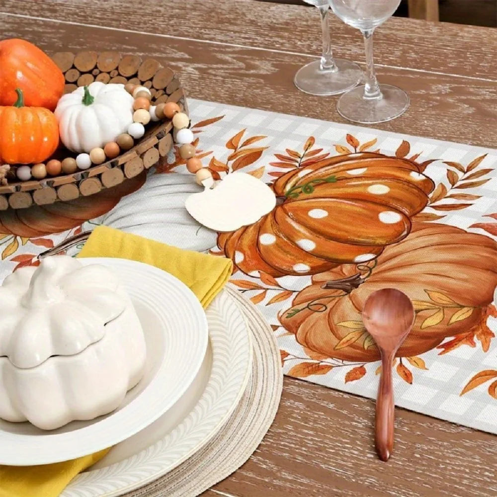 Autumn Polka Dot Pumpkin Table Runner – Fall Harvest Table Decor with Pumpkins & Leaves