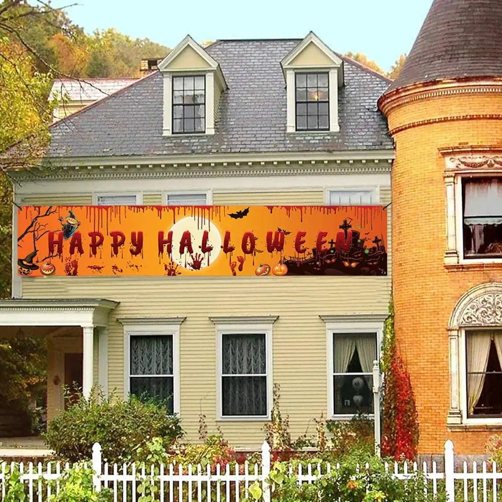 Happy Halloween Banner – 250cm Hanging Halloween Sign with Pumpkin & Bloody Handprint Design | Indoor & Outdoor Yard Party Decoration