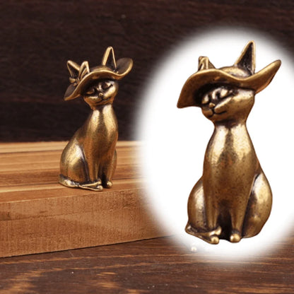 Miniature Brass Witch Hat Cat Ornament – Solid Desktop Figurine for Home, Office, and Mini Landscape Décor