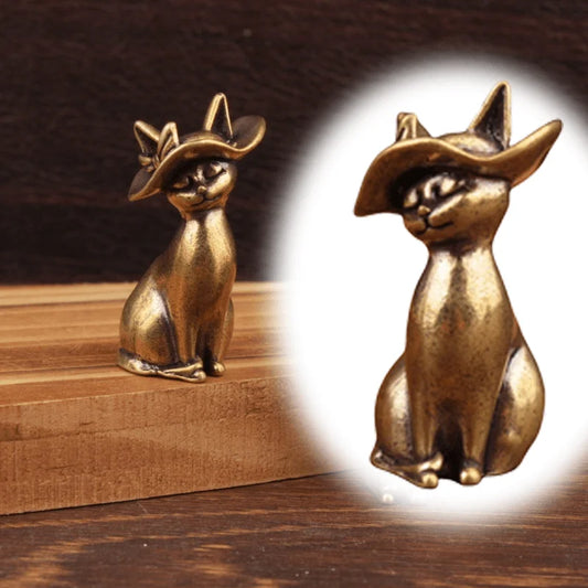 Miniature Brass Witch Hat Cat Ornament – Solid Desktop Figurine for Home, Office, and Mini Landscape Décor