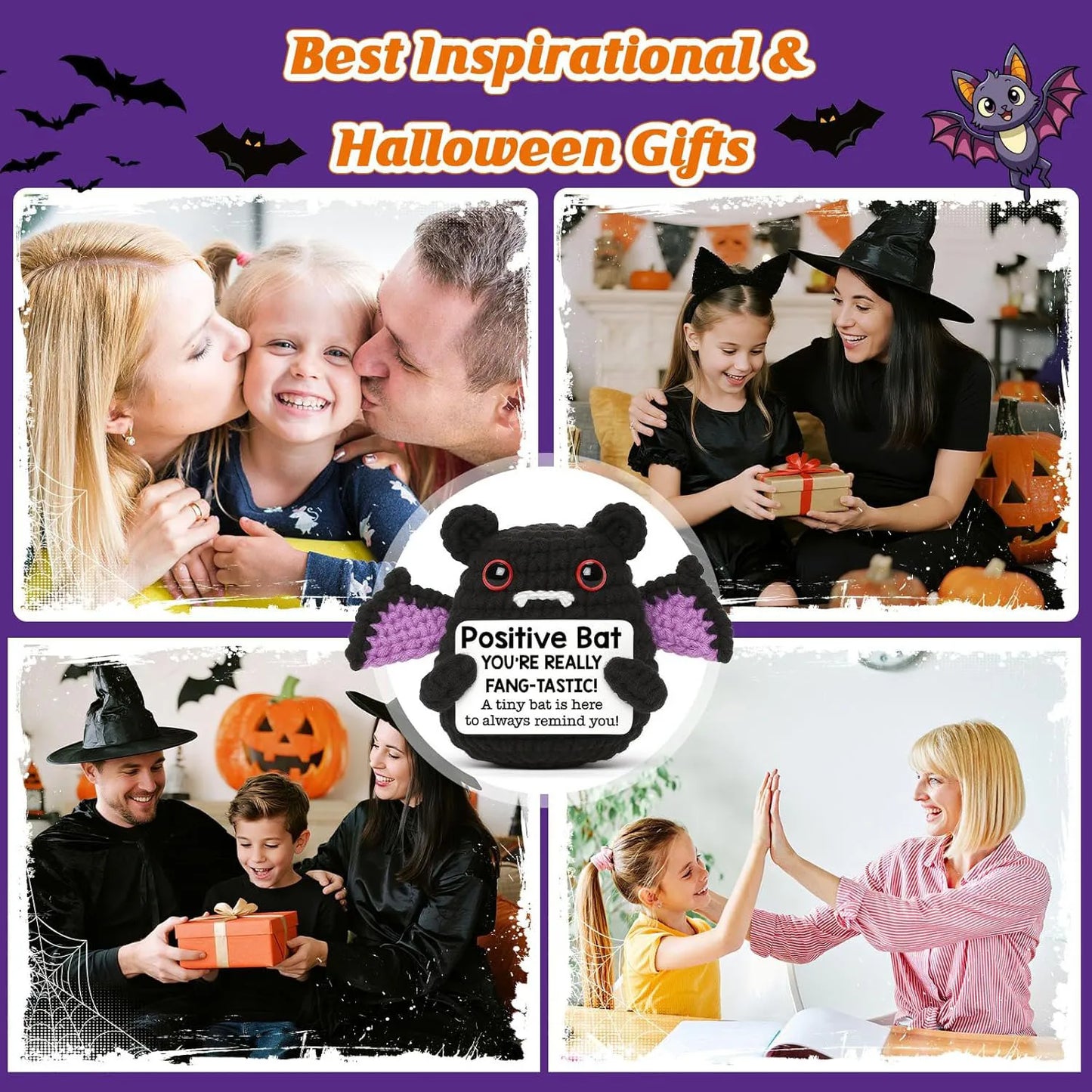 Handmade Knitted Bat Doll with Positive Message Card – Cute Halloween Egg Bat Ornament for Home, Room, or Party Décor & Gifts