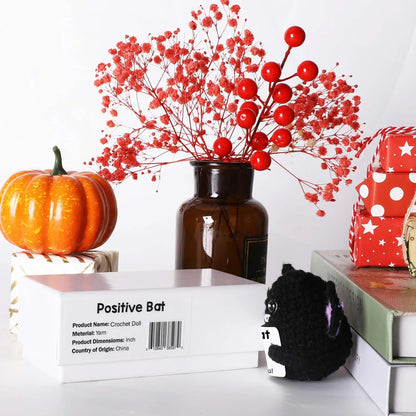 Handmade Knitted Bat Doll with Positive Message Card – Cute Halloween Egg Bat Ornament for Home, Room, or Party Décor & Gifts