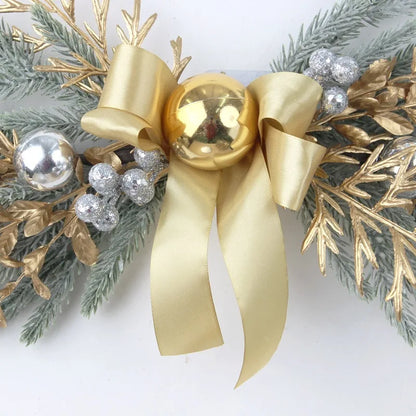 Golden Christmas Wreath for Front Door | Artificial Pinecone & Rattan Garland with Festive Flowers