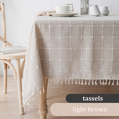 Textured Jacquard Checkered Tablecloth with Tassels | Cotton-Linen Winter Table Cover