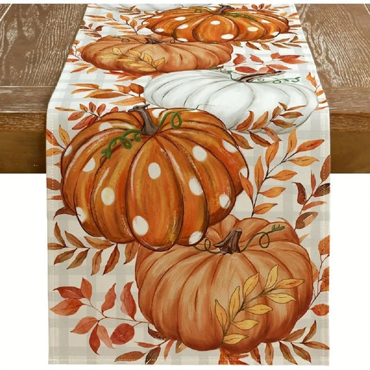 Autumn Polka Dot Pumpkin Table Runner – Fall Harvest Table Decor with Pumpkins & Leaves