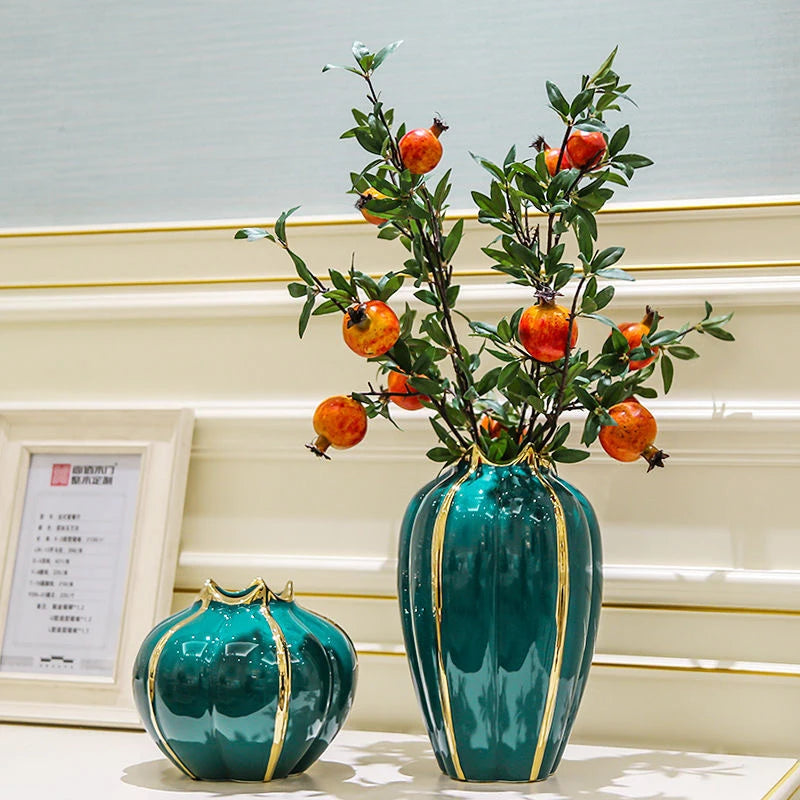 Nordic Pumpkin Ceramic Vase with Gold Edge – Green or Orange Decorative Vase for Home, Living Room & Office Decor (1PC)