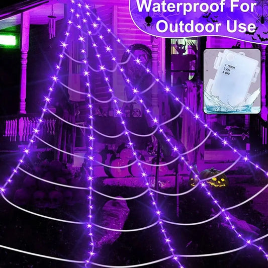 Halloween Spider Web Lights – 8 Modes Waterproof LED Spider Net | Triangle Hanging Glow Web with Giant Spider for Outdoor & Party Decoration