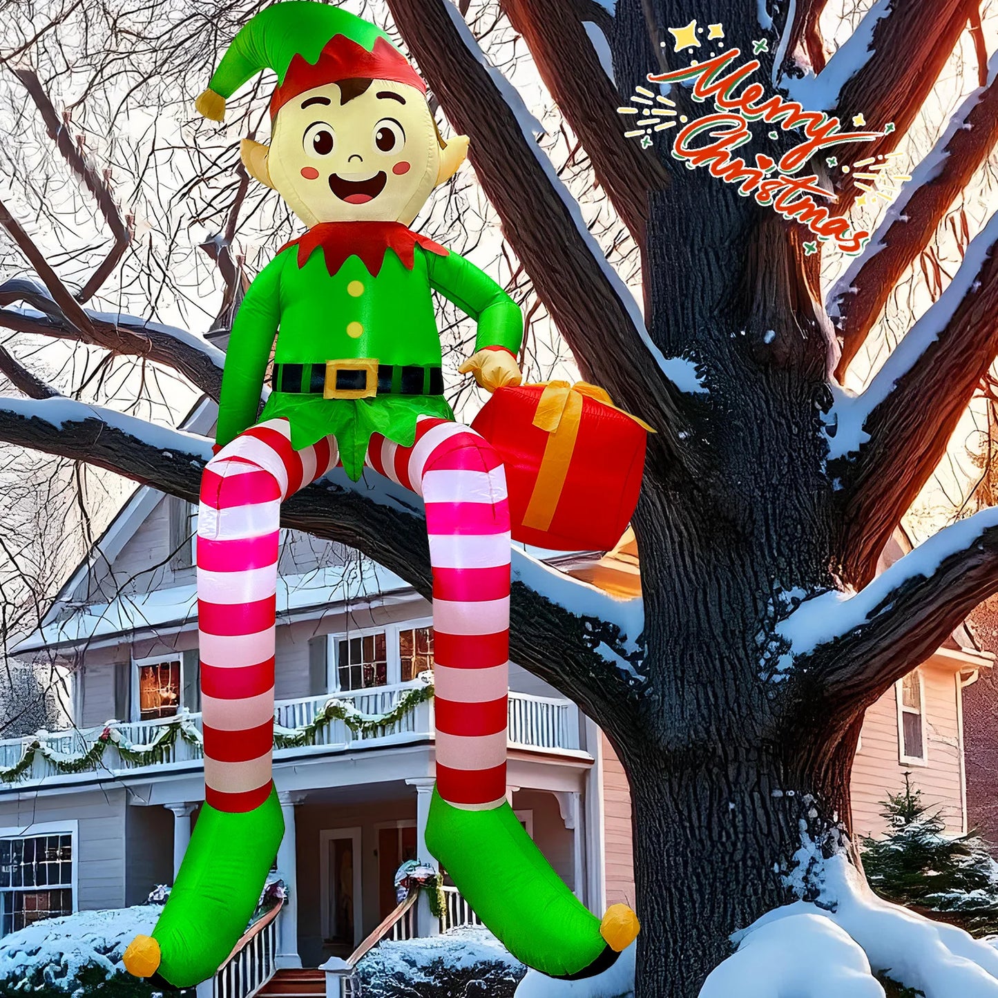 8ft Sitting Elf Christmas Inflatable with LED Lights | Festive Outdoor Decoration