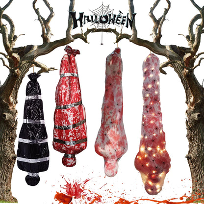 59-Inch Hanging Halloween Corpse Prop – Creepy Bloody Body Bag Decoration for Haunted Houses, Yards & Outdoor Horror Displays